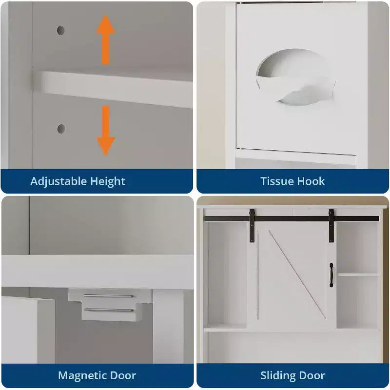 Over The Toilet Storage Cabinet with Barn Doors - Bathroom Stand Over Toilet with Tissue Hook and Adjustable Shelves,White