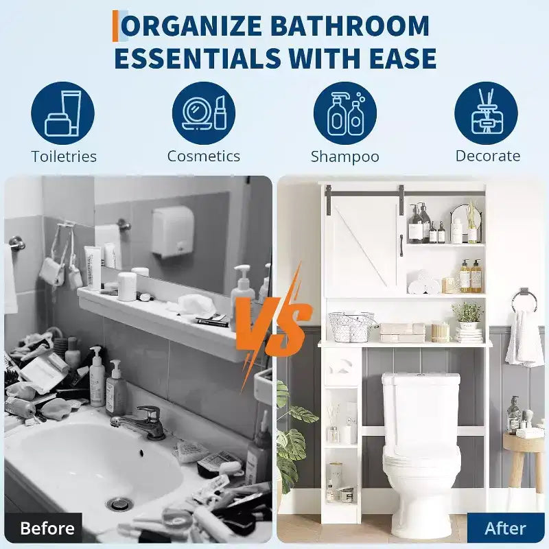 Over The Toilet Storage Cabinet with Barn Doors - Bathroom Stand Over Toilet with Tissue Hook and Adjustable Shelves,White