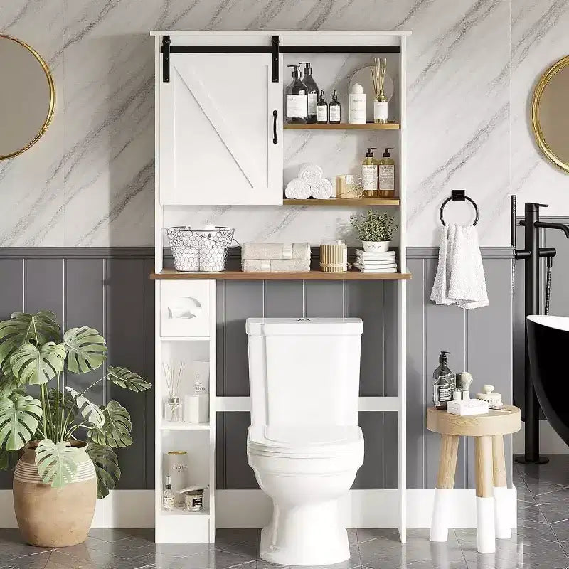 Over The Toilet Storage Cabinet with Barn Doors - Bathroom Stand Over Toilet with Tissue Hook and Adjustable Shelves,White