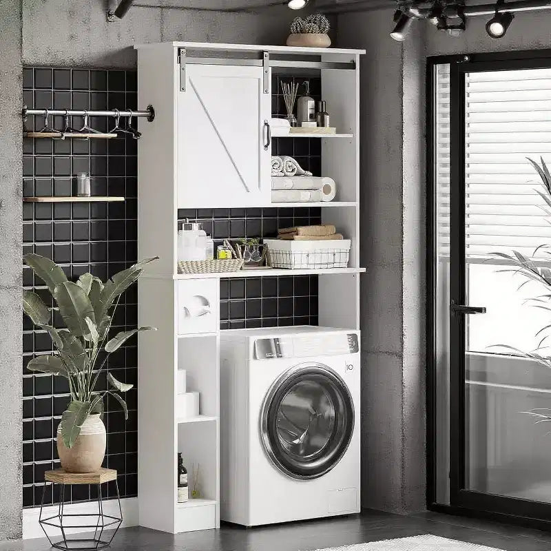 Over The Toilet Storage Cabinet with Barn Doors - Bathroom Stand Over Toilet with Tissue Hook and Adjustable Shelves,White