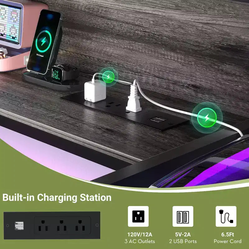 Besiost 53'' Computer Desk with Charging Station and Thickened Desktop