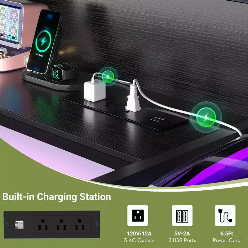 Besiost 53'' Computer Desk with Charging Station and Thickened Desktop