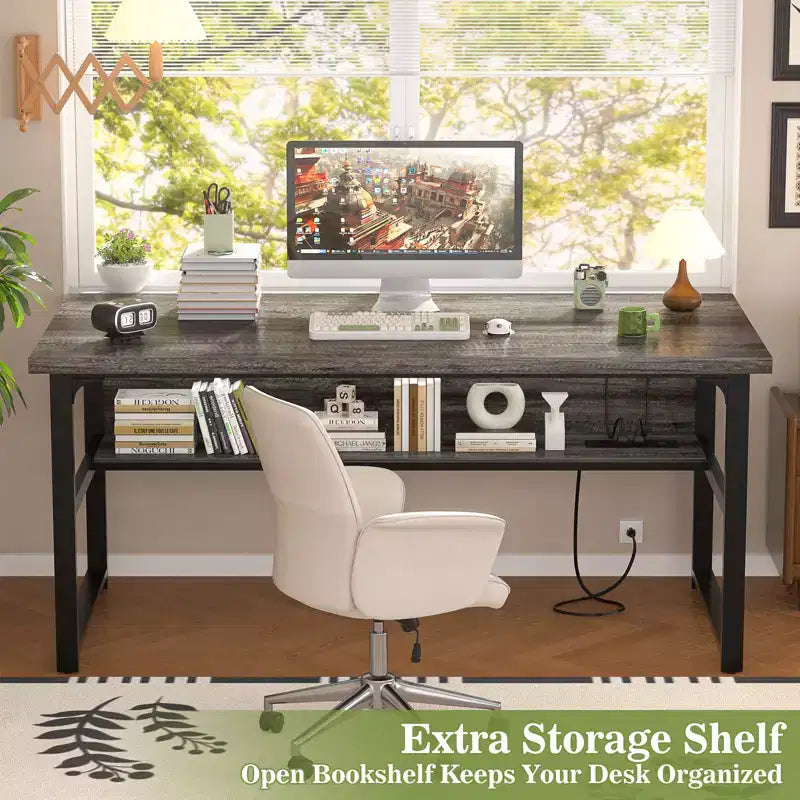 Besiost 53'' Computer Desk with Charging Station and Thickened Desktop