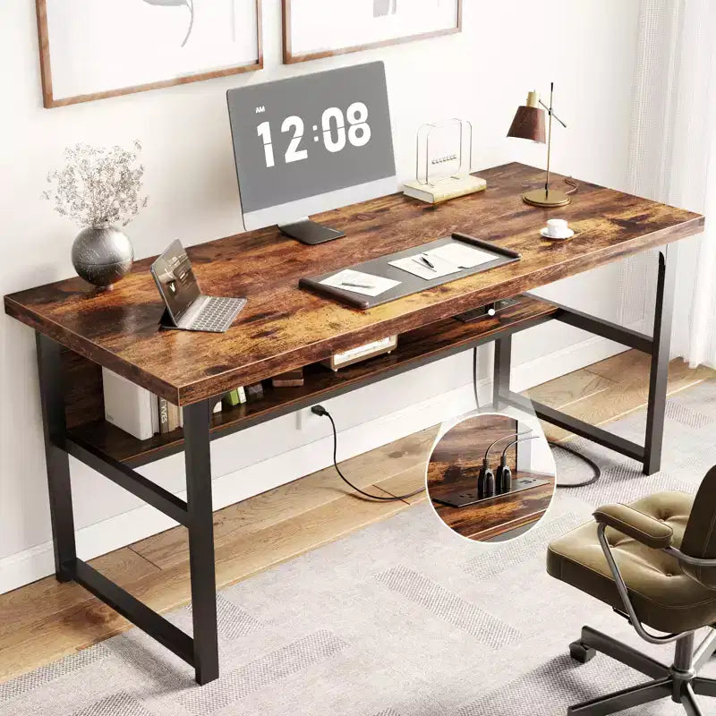 Besiost 53'' Computer Desk with Charging Station and Thickened Desktop