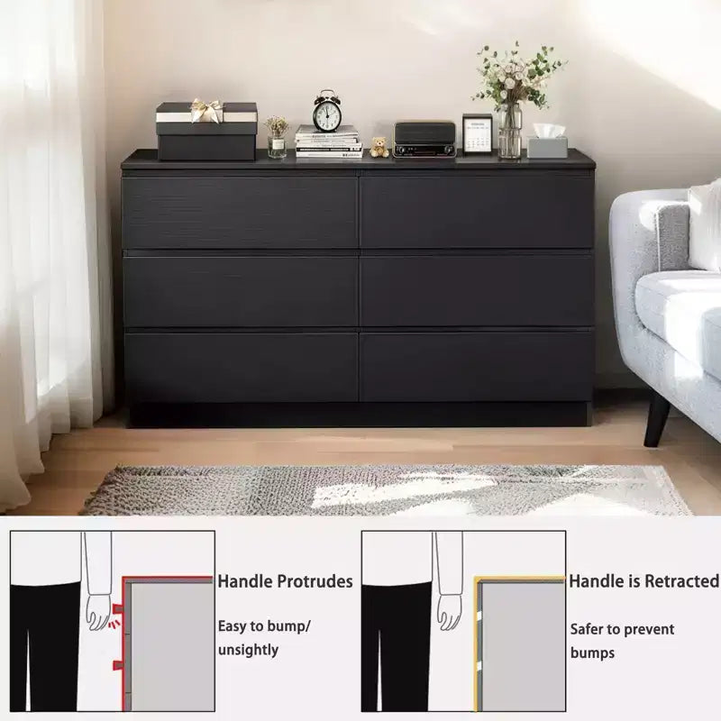 6-Drawer Black Dressing Table, Modern Bedroom Vanity, with wooden storage cabinet, featuring concealed handles and 6 deep drawers