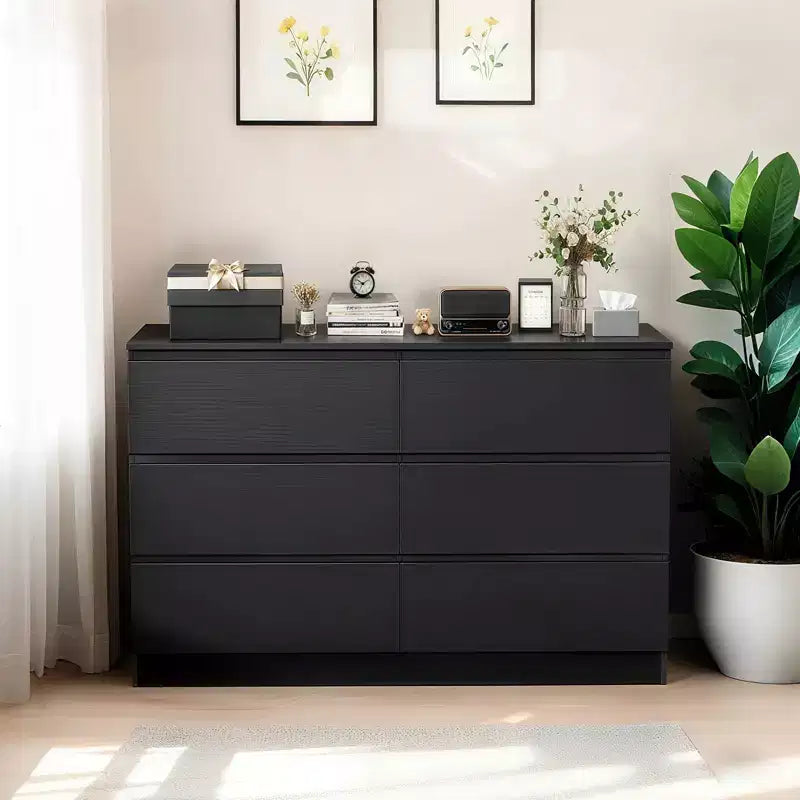 6-Drawer Black Dressing Table, Modern Bedroom Vanity, with wooden storage cabinet, featuring concealed handles and 6 deep drawers