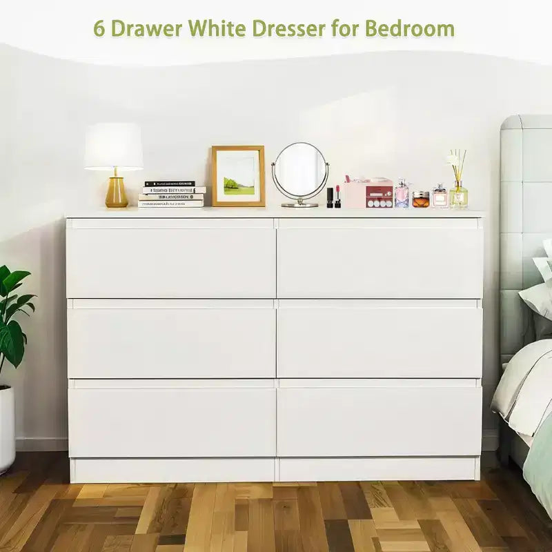 6-Drawer Black Dressing Table, Modern Bedroom Vanity, with wooden storage cabinet, featuring concealed handles and 6 deep drawers