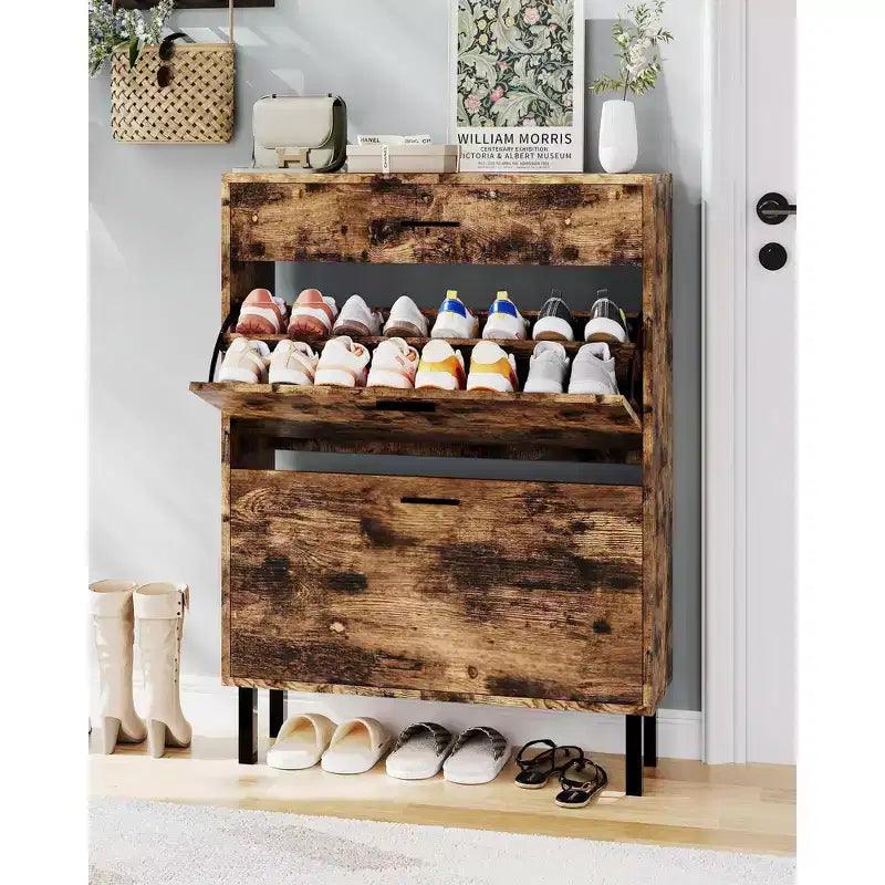 Slim 3-Drawer Shoe Storage Cabinet with Adjustable Shelves, Freestanding Wooden Storage Organizer for Entryway, Hallway, and Porch