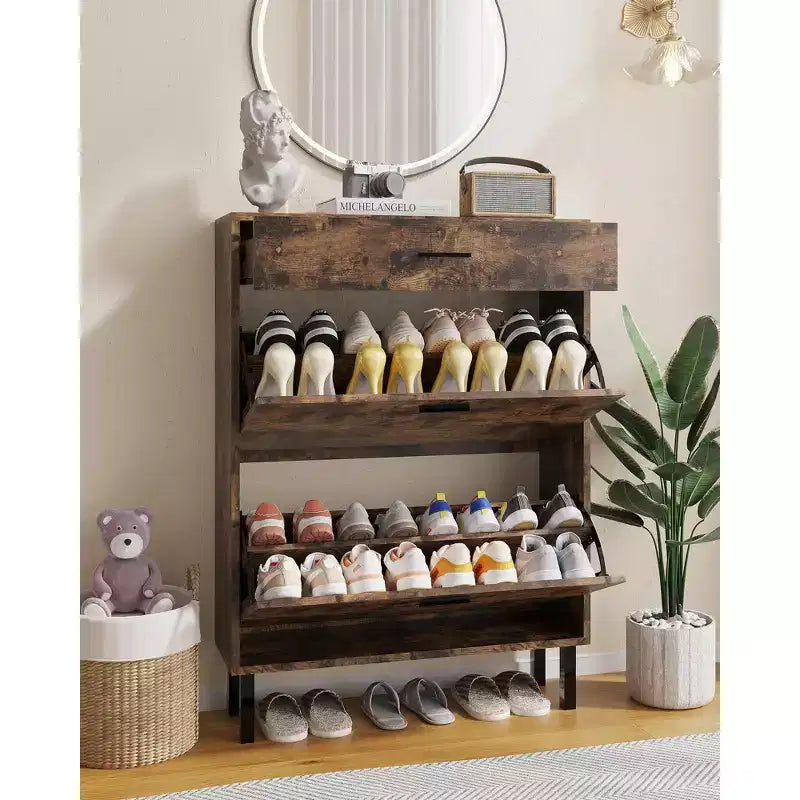 Slim 3-Drawer Shoe Storage Cabinet with Adjustable Shelves, Freestanding Wooden Storage Organizer for Entryway, Hallway, and Porch