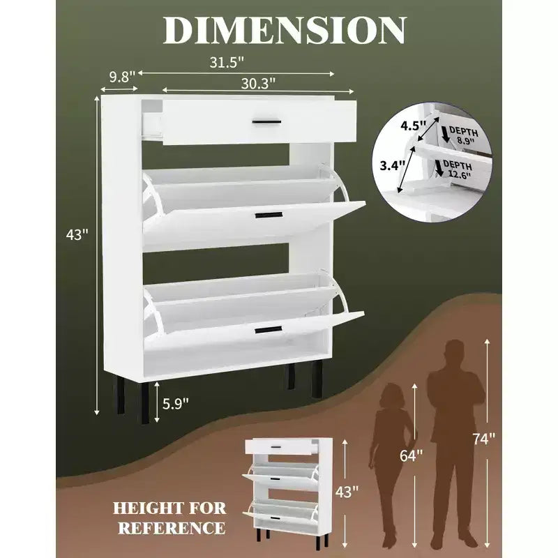 Slim 3-Drawer Shoe Storage Cabinet with Adjustable Shelves, Freestanding Wooden Storage Organizer for Entryway, Hallway, and Porch