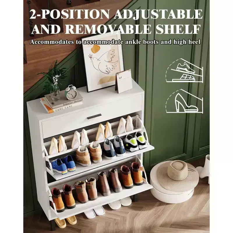 Slim 3-Drawer Shoe Storage Cabinet with Adjustable Shelves, Freestanding Wooden Storage Organizer for Entryway, Hallway, and Porch