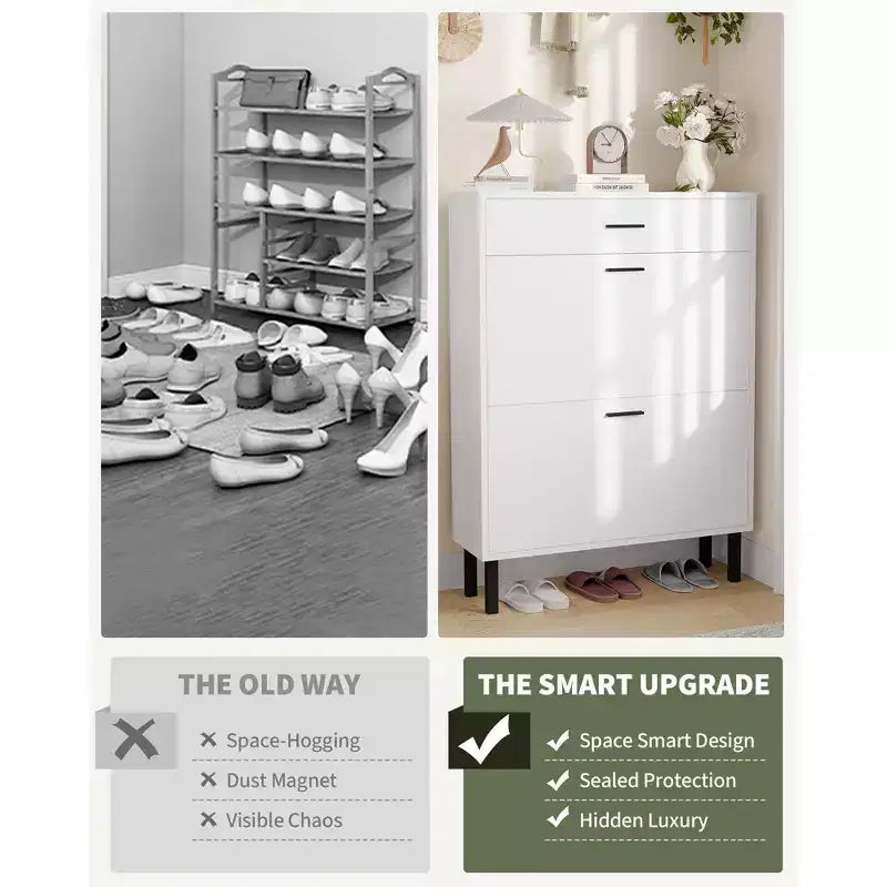 Slim 3-Drawer Shoe Storage Cabinet with Adjustable Shelves, Freestanding Wooden Storage Organizer for Entryway, Hallway, and Porch