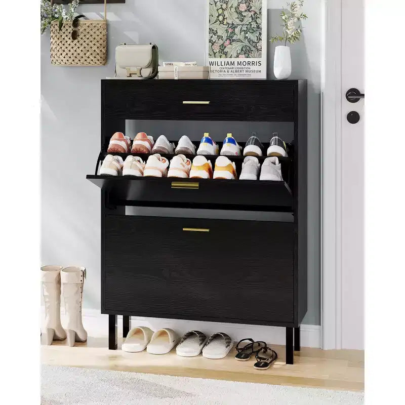 Slim 3-Drawer Shoe Storage Cabinet with Adjustable Shelves, Freestanding Wooden Storage Organizer for Entryway, Hallway, and Porch