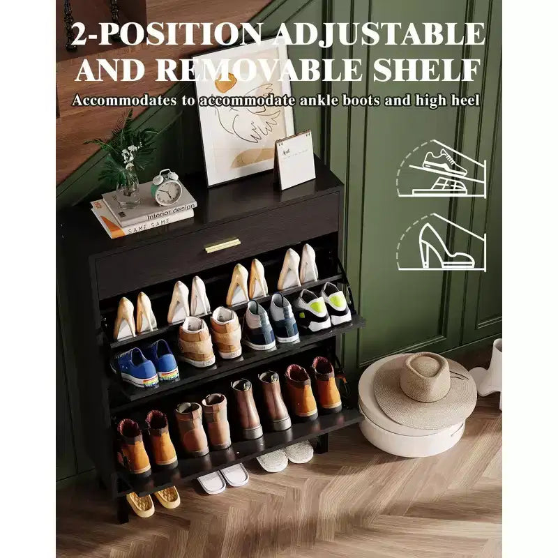 Slim 3-Drawer Shoe Storage Cabinet with Adjustable Shelves, Freestanding Wooden Storage Organizer for Entryway, Hallway, and Porch