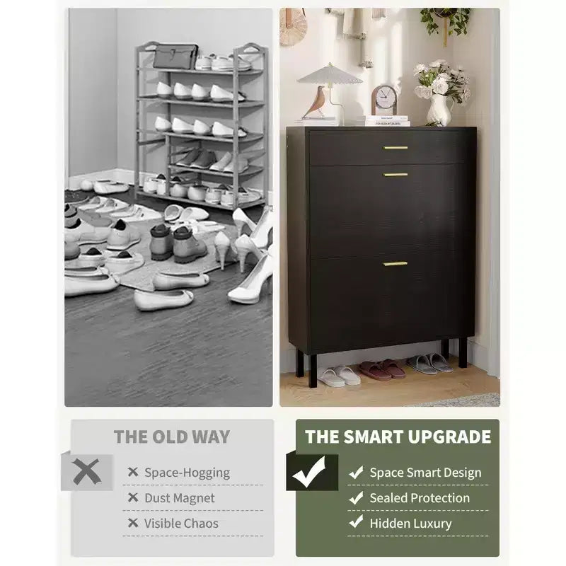 Slim 3-Drawer Shoe Storage Cabinet with Adjustable Shelves, Freestanding Wooden Storage Organizer for Entryway, Hallway, and Porch
