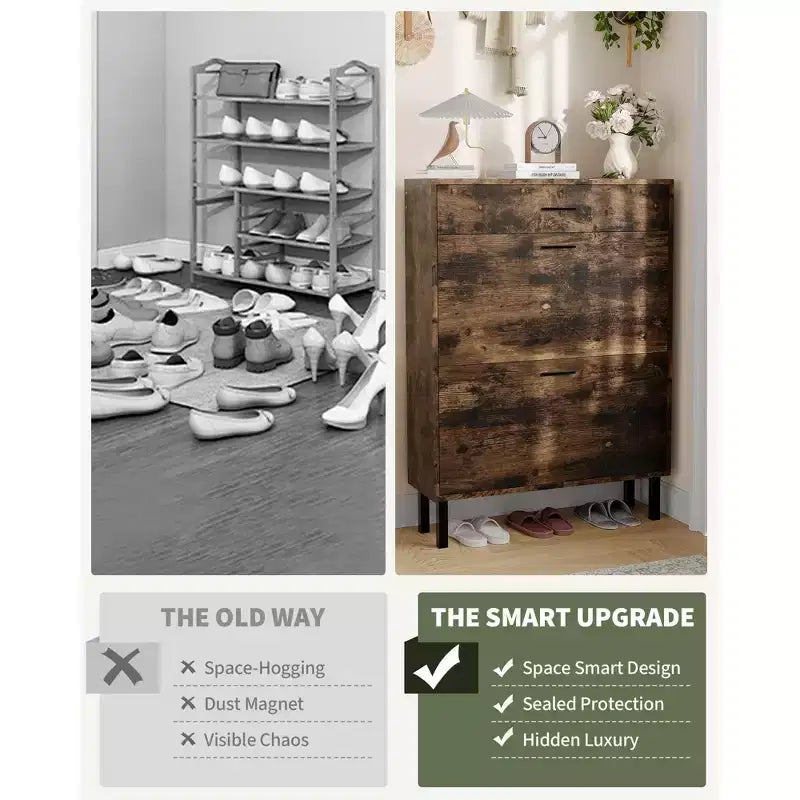 Slim 3-Drawer Shoe Storage Cabinet with Adjustable Shelves, Freestanding Wooden Storage Organizer for Entryway, Hallway, and Porch