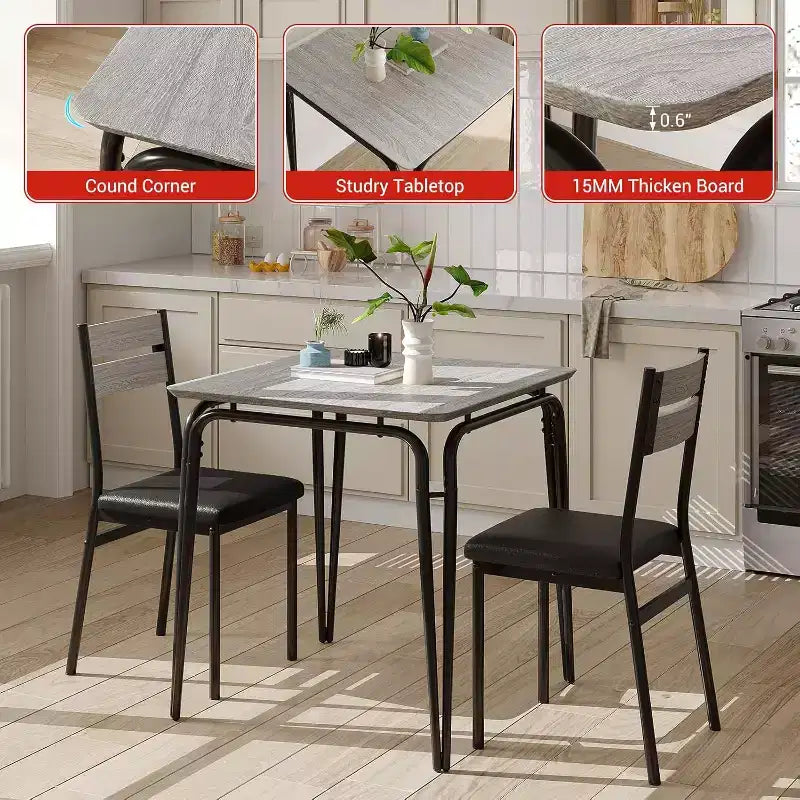 3 Piece Dining Table Set - Square Kitchen Table with Upholstered Chair for 2, Modern Small Apartment Dining Set for Apartment