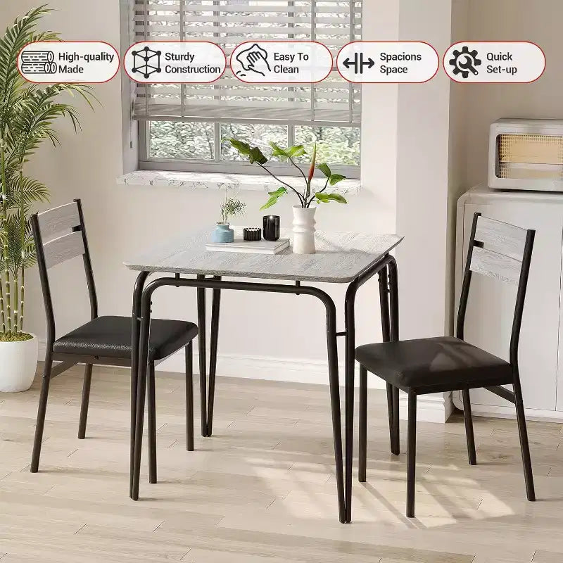 3 Piece Dining Table Set - Square Kitchen Table with Upholstered Chair for 2, Modern Small Apartment Dining Set for Apartment