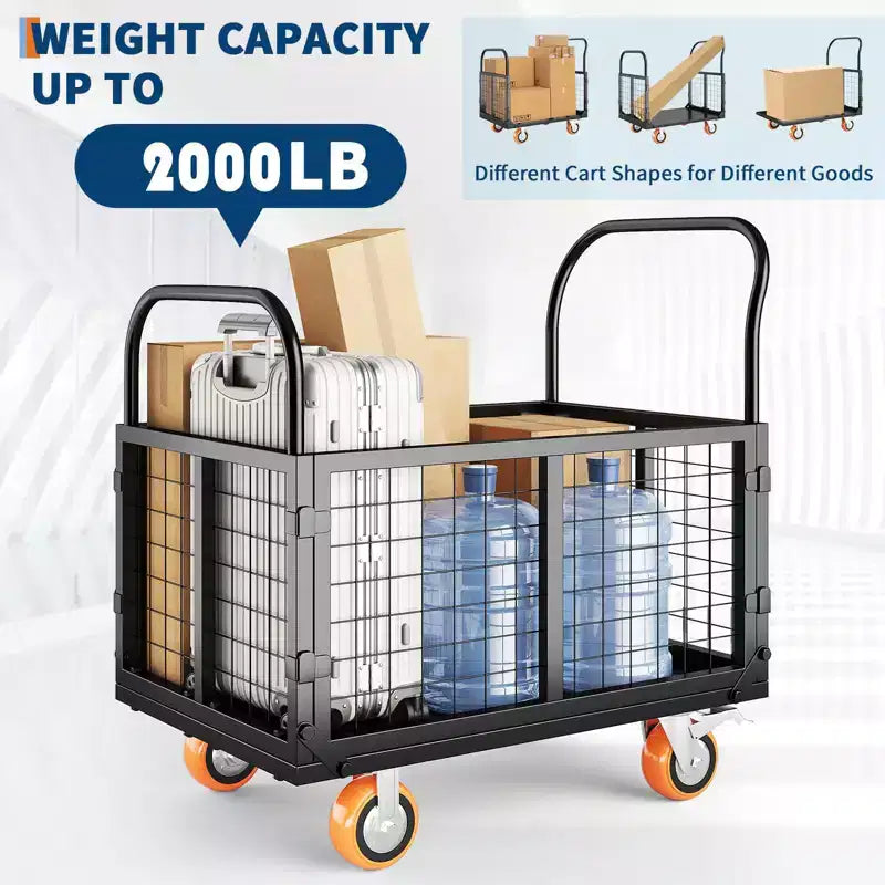 2000Lbs Platform Truck Cart with Cage,Heavy Duty 6-in-1 Folding Hand Truck Cage Carts, Foldable Push Cart Dolly