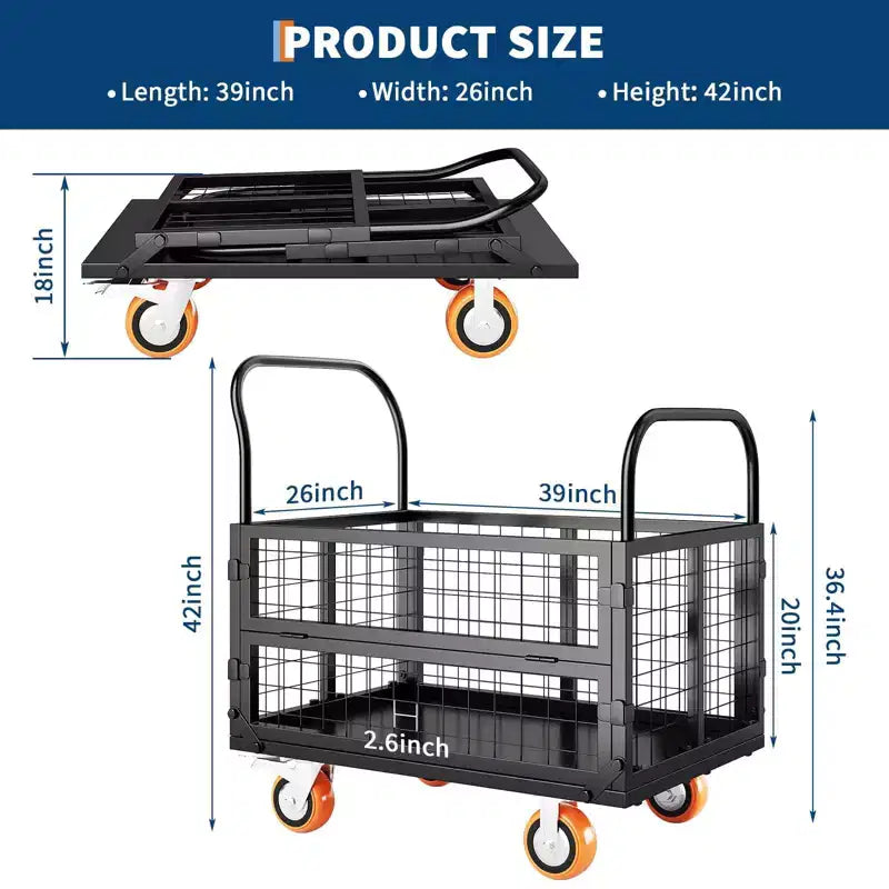 2000Lbs Platform Truck Cart with Cage,Heavy Duty 6-in-1 Folding Hand Truck Cage Carts, Foldable Push Cart Dolly