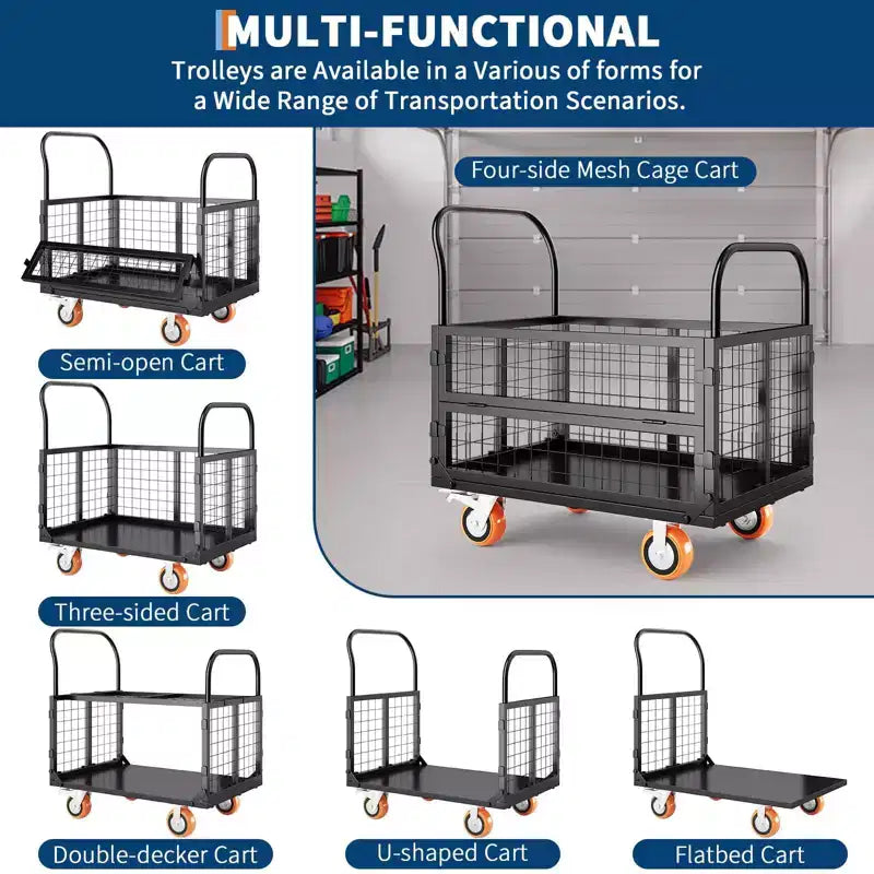 2000Lbs Platform Truck Cart with Cage,Heavy Duty 6-in-1 Folding Hand Truck Cage Carts, Foldable Push Cart Dolly