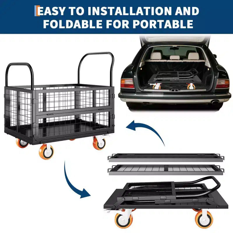 2000Lbs Platform Truck Cart with Cage,Heavy Duty 6-in-1 Folding Hand Truck Cage Carts, Foldable Push Cart Dolly