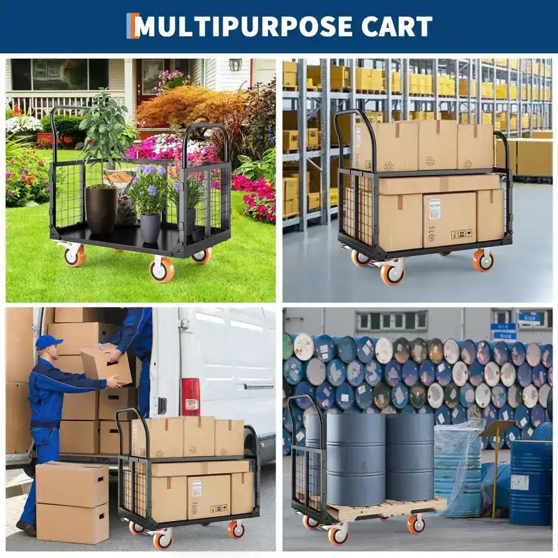 2000Lbs Platform Truck Cart with Cage,Heavy Duty 6-in-1 Folding Hand Truck Cage Carts, Foldable Push Cart Dolly