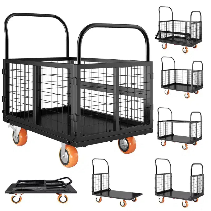 2000Lbs Platform Truck Cart with Cage,Heavy Duty 6-in-1 Folding Hand Truck Cage Carts, Foldable Push Cart Dolly