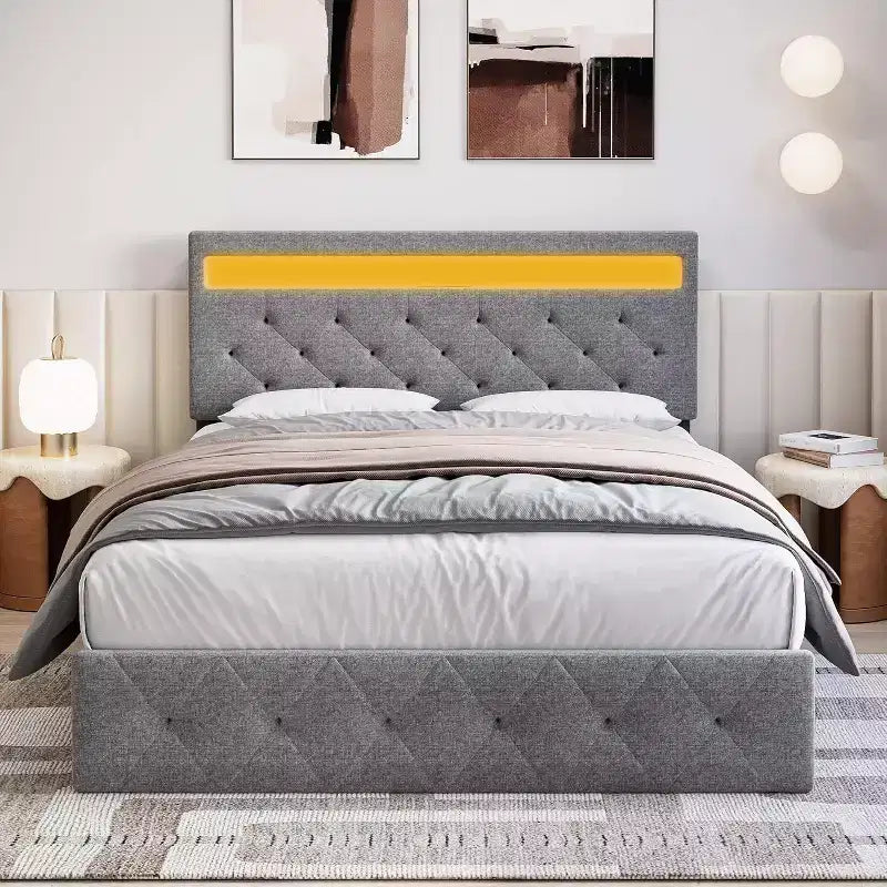 Grey Queen Upholstered Platform Bed with Modern Headboard, Ambient Headboard Design, No Box Spring Needed, Easy Assembly Sleek Neutral Bedroom Upgrade