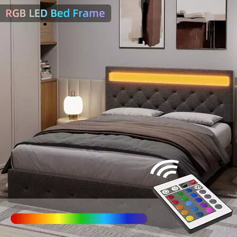 Grey Queen Upholstered Platform Bed with Modern Headboard, Ambient Headboard Design, No Box Spring Needed, Easy Assembly Sleek Neutral Bedroom Upgrade