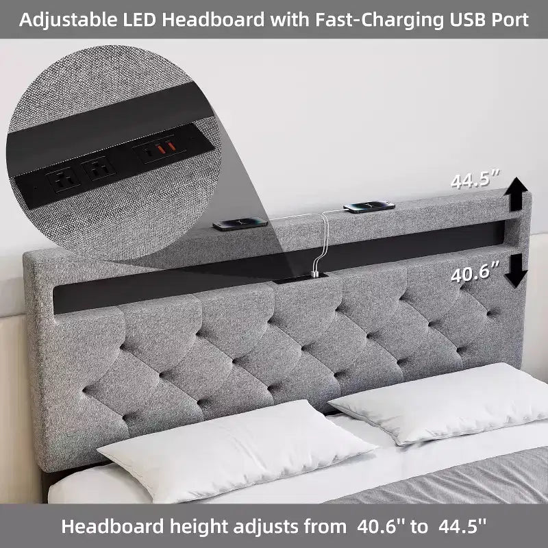 Grey Queen Upholstered Platform Bed with Modern Headboard, Ambient Headboard Design, No Box Spring Needed, Easy Assembly Sleek Neutral Bedroom Upgrade