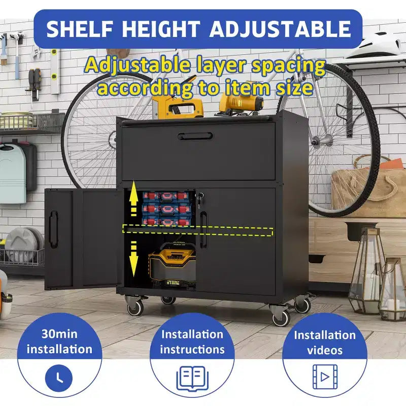 VIYET 35 Rolling Steel Tool Cabinet - Heavy-Duty Metal Storage with Top Fence, Locking Casters & Adjustable Shelf for Garage & Workshop, Black