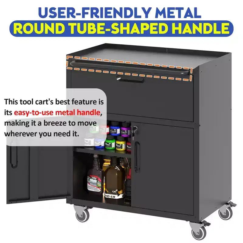 VIYET 35 Rolling Steel Tool Cabinet - Heavy-Duty Metal Storage with Top Fence, Locking Casters & Adjustable Shelf for Garage & Workshop, Black