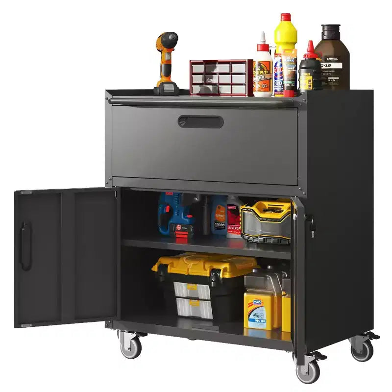 VIYET 35 Rolling Steel Tool Cabinet - Heavy-Duty Metal Storage with Top Fence, Locking Casters & Adjustable Shelf for Garage & Workshop, Black
