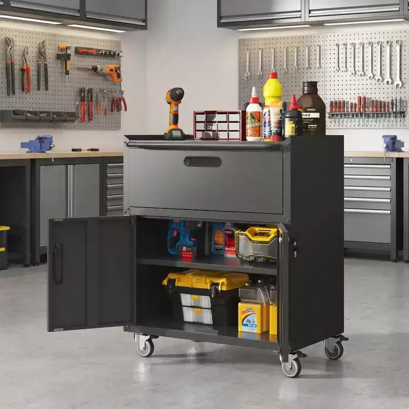 VIYET 35 Rolling Steel Tool Cabinet - Heavy-Duty Metal Storage with Top Fence, Locking Casters & Adjustable Shelf for Garage & Workshop, Black