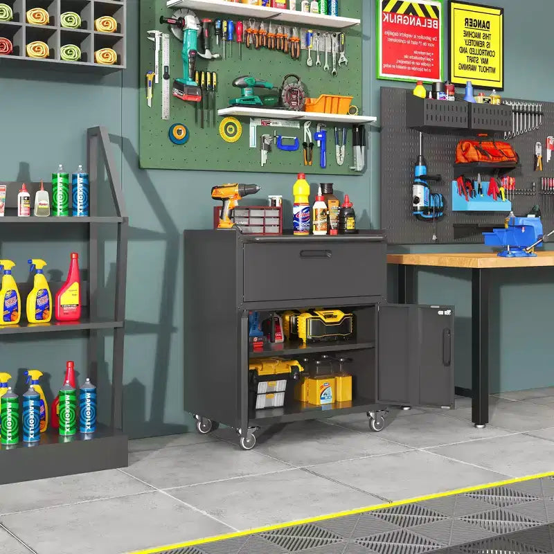 VIYET 35 Rolling Steel Tool Cabinet - Heavy-Duty Metal Storage with Top Fence, Locking Casters & Adjustable Shelf for Garage & Workshop, Black