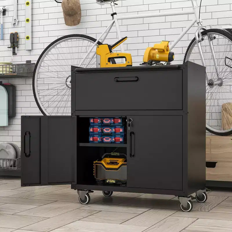 VIYET 35 Rolling Steel Tool Cabinet - Heavy-Duty Metal Storage with Top Fence, Locking Casters & Adjustable Shelf for Garage & Workshop, Black
