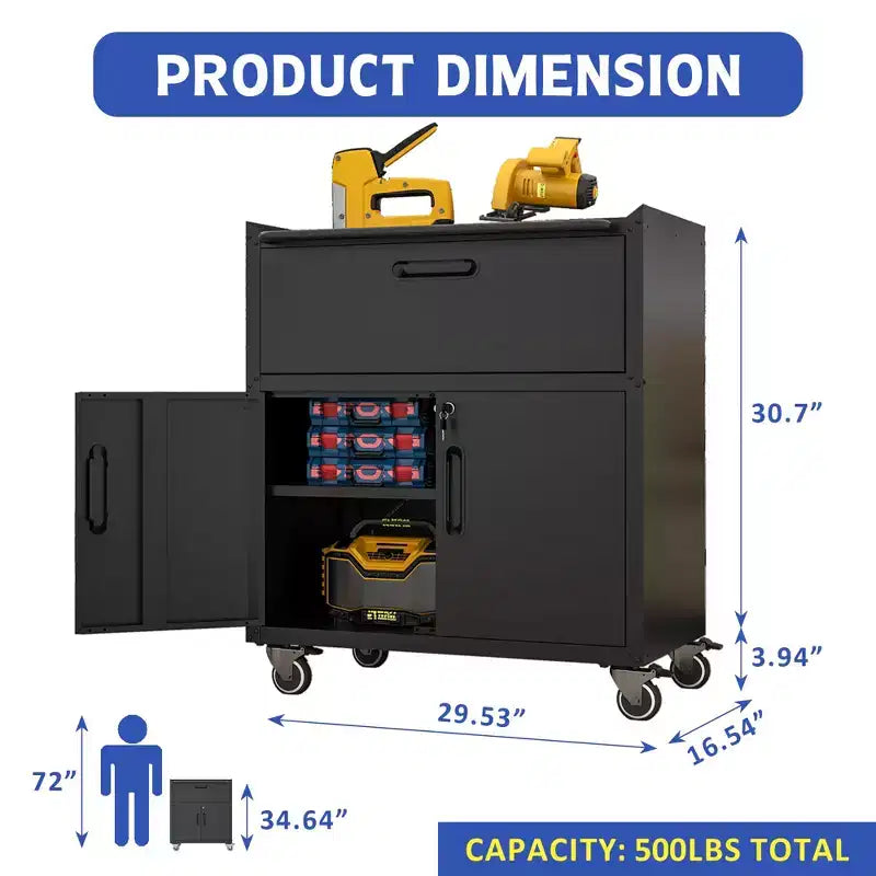 VIYET 35 Rolling Steel Tool Cabinet - Heavy-Duty Metal Storage with Top Fence, Locking Casters & Adjustable Shelf for Garage & Workshop, Black