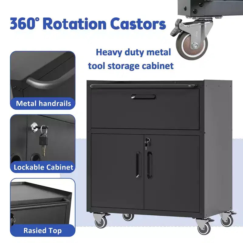 VIYET 35 Rolling Steel Tool Cabinet - Heavy-Duty Metal Storage with Top Fence, Locking Casters & Adjustable Shelf for Garage & Workshop, Black
