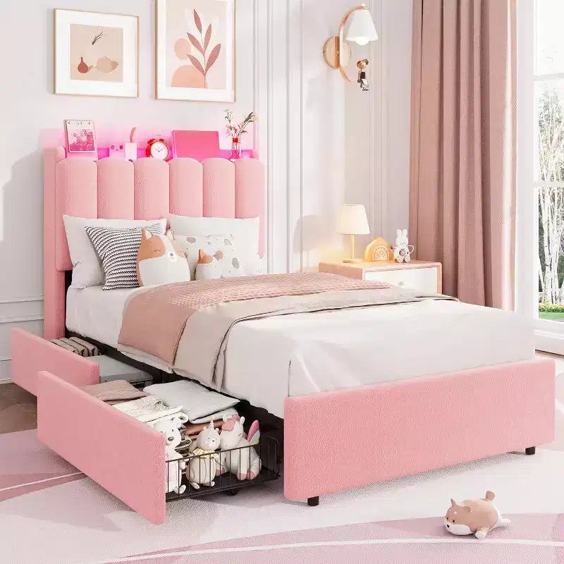 LED Twin Size Bed Frame with Storage Headboard with 2 Drawers Chic Wavy Headboard with Bookcase, Mattress Foundation with Wooden