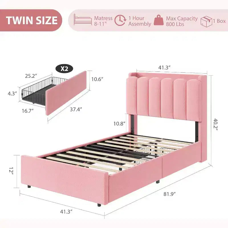 LED Twin Size Bed Frame with Storage Headboard with 2 Drawers Chic Wavy Headboard with Bookcase, Mattress Foundation with Wooden