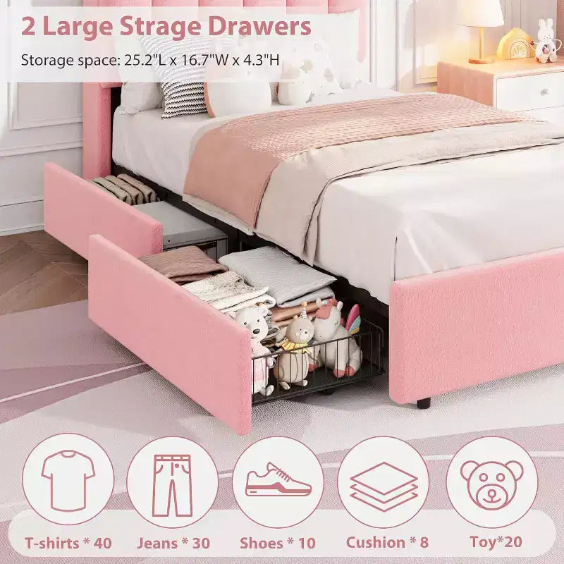 LED Twin Size Bed Frame with Storage Headboard with 2 Drawers Chic Wavy Headboard with Bookcase, Mattress Foundation with Wooden