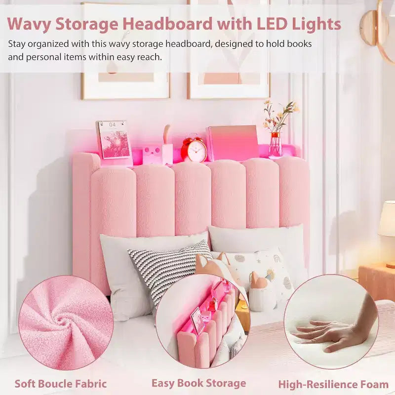 LED Twin Size Bed Frame with Storage Headboard with 2 Drawers Chic Wavy Headboard with Bookcase, Mattress Foundation with Wooden