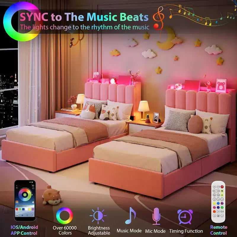 LED Twin Size Bed Frame with Storage Headboard with 2 Drawers Chic Wavy Headboard with Bookcase, Mattress Foundation with Wooden
