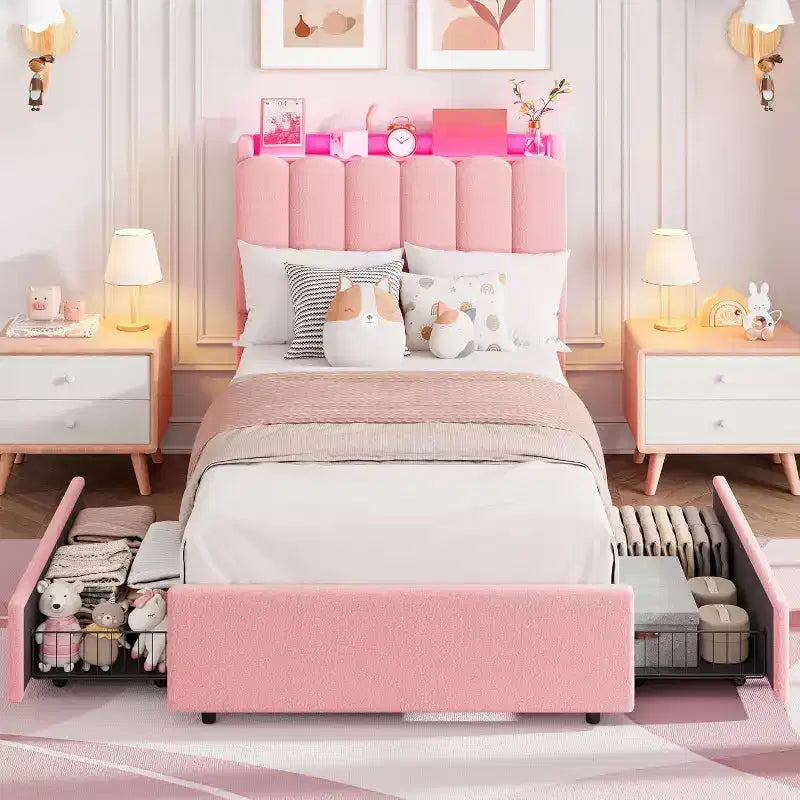 LED Twin Size Bed Frame with Storage Headboard with 2 Drawers Chic Wavy Headboard with Bookcase, Mattress Foundation with Wooden