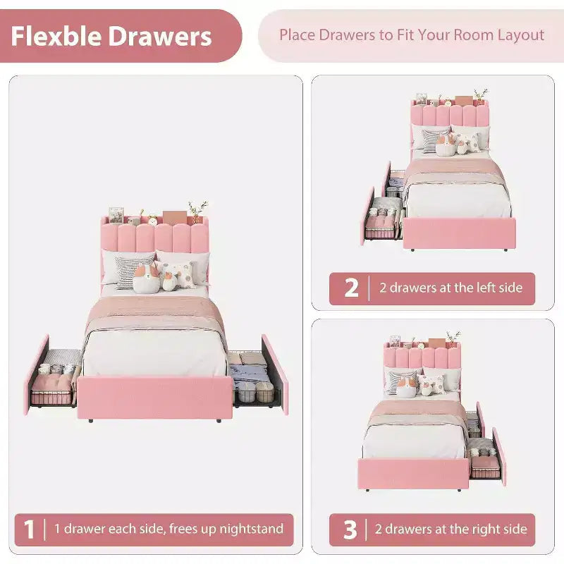 LED Twin Size Bed Frame with Storage Headboard with 2 Drawers Chic Wavy Headboard with Bookcase, Mattress Foundation with Wooden