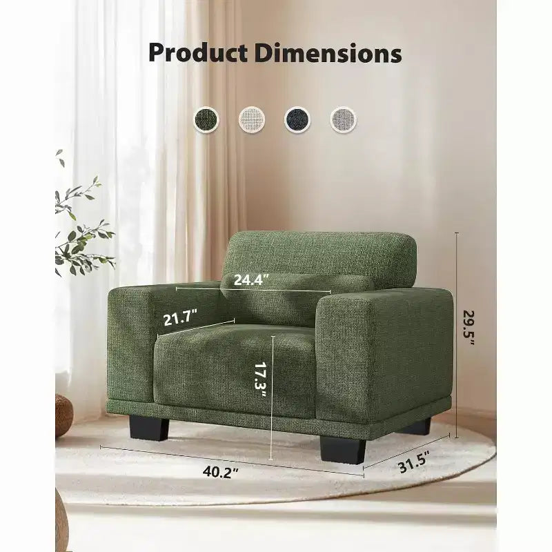 40 In Modern Deep-Seated Wide-Arm Single Sofa, Living Room Single Sofa, Comfortable Single Sofa with a Maximum Weight Capacity of 300 lbs, Green