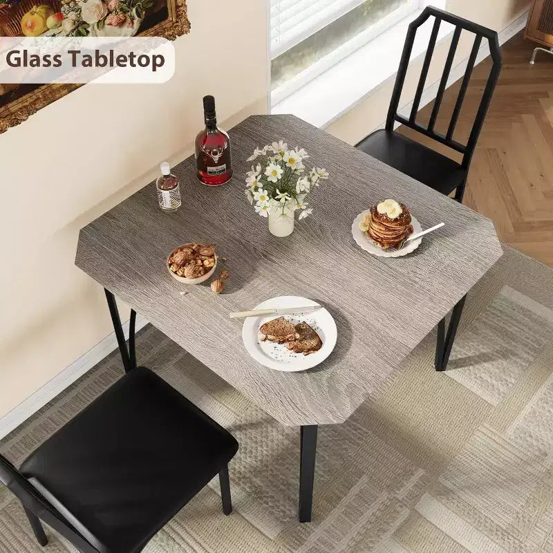 Dining Table Set for 2 with Space Saving Design, Glass Tabletop, Upholstered Seat, and Chamfer Design,Suitable