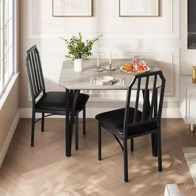 Dining Table Set for 2 with Space Saving Design, Glass Tabletop, Upholstered Seat, and Chamfer Design,Suitable