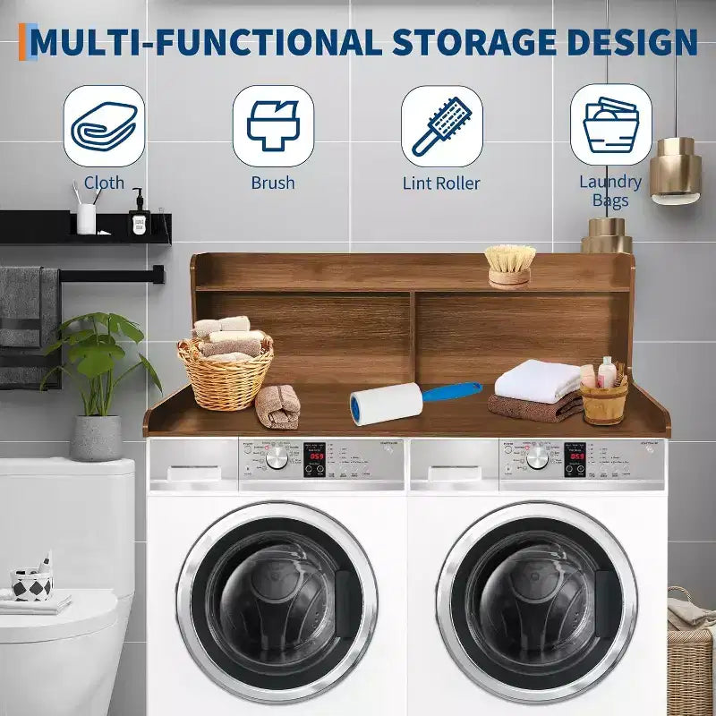 2-Tier Washer Dryer Countertop, 54 x 27.55 Wooden Washer Dryer Topper with Edge for Laundry Room Organization and Storage